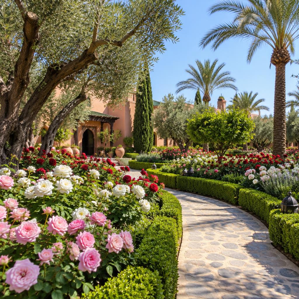 Allée de jardin fleuri au Maroc