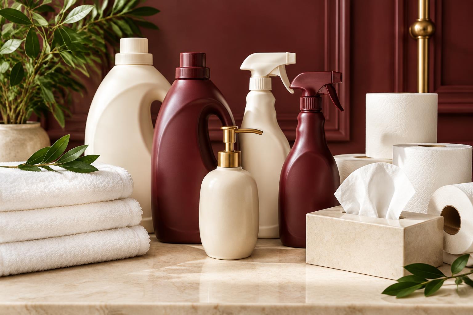 Produits d’hygiène, savons, détergents et papier en présentation raffinée