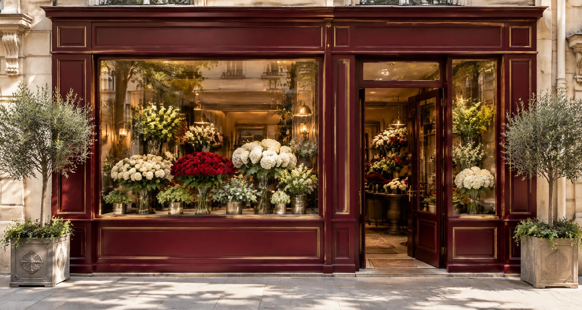 Façade de fleuriste bordeaux aux moulures dorées et aux vitrines fleuries